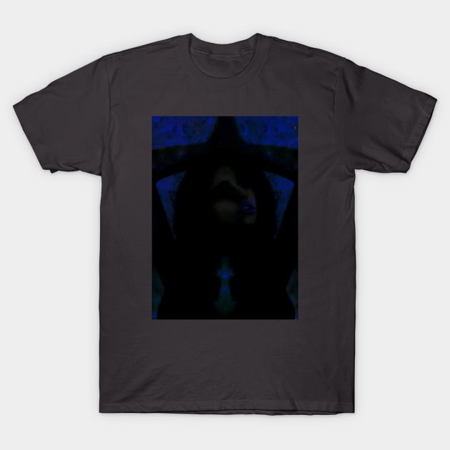 Portrait, digital collage, special processing. Beautiful but dark, like witch, woman. Tale. Dark and blue. T-Shirt by 234TeeUser234